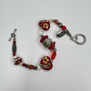 Vintage y2k Glasses Beaded Bracelet Toggle Clasp Red Glass Hearts